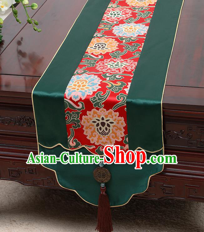 Chinese Traditional Green Brocade Table Cloth Classical Lotus Pattern Household Ornament Table Flag