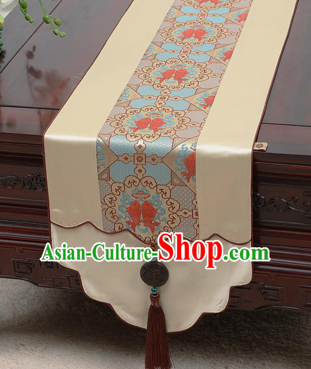 Chinese Traditional Beige Brocade Table Cloth Classical Fishes Pattern Satin Household Ornament Table Flag