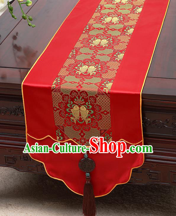 Chinese Traditional Red Brocade Table Cloth Classical Fishes Pattern Satin Household Ornament Table Flag