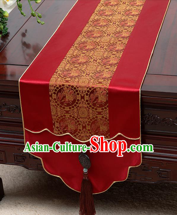 Chinese Traditional Wine Red Brocade Table Cloth Classical Pattern Satin Household Ornament Table Flag