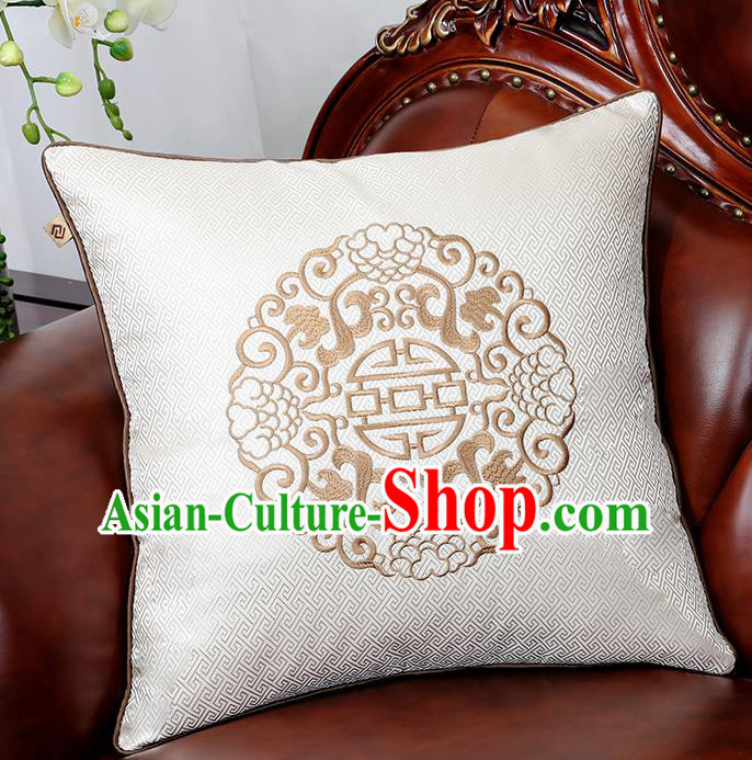 Chinese Traditional Embroidered White Brocade Back Cushion Cover Classical Household Ornament