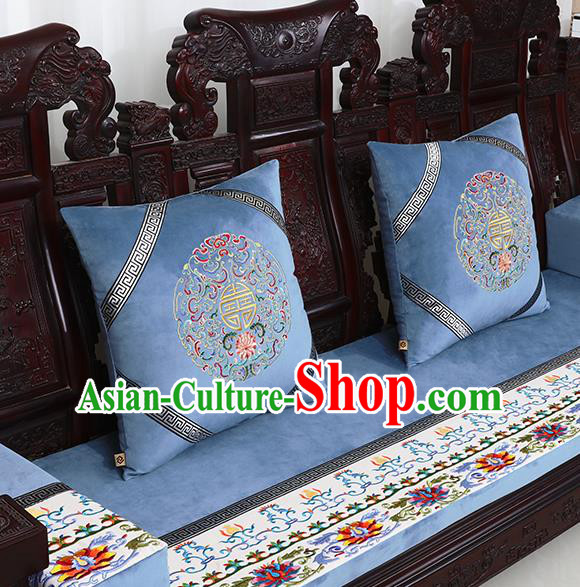 Chinese Traditional Embroidered Lotus Blue Brocade Back Cushion Cover Classical Household Ornament