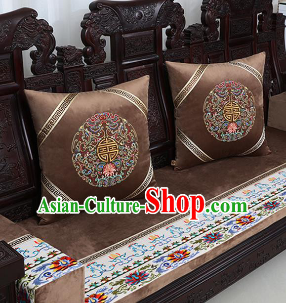 Chinese Traditional Embroidered Lotus Brown Brocade Back Cushion Cover Classical Household Ornament