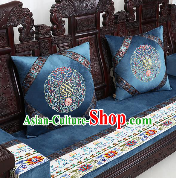 Chinese Traditional Embroidered Lotus Blue Brocade Back Cushion Cover Classical Household Ornament