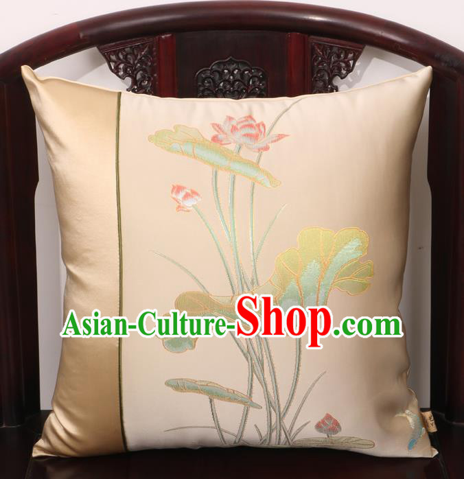Chinese Traditional Lotus Pattern Beige Brocade Back Cushion Cover Classical Household Ornament