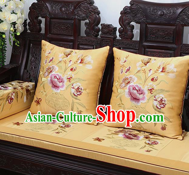 Chinese Traditional Embroidered Peony Golden Brocade Back Cushion Cover Classical Household Ornament