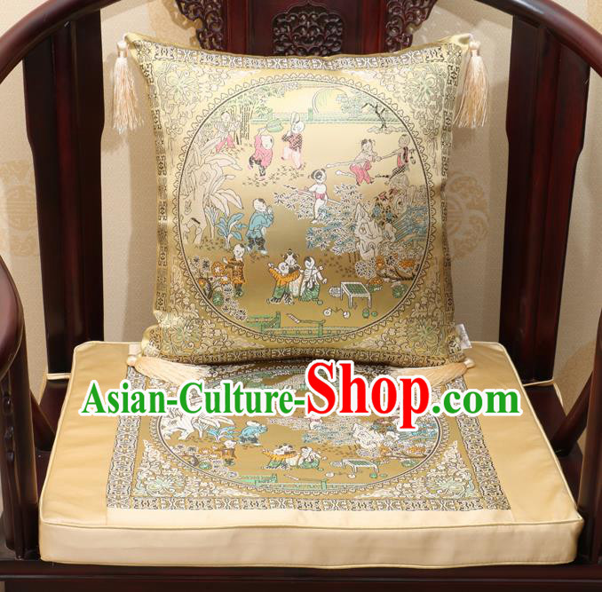 Chinese Classical Household Ornament Traditional Children Pattern Golden Brocade Cushion Cover and Armchair Mat Cover