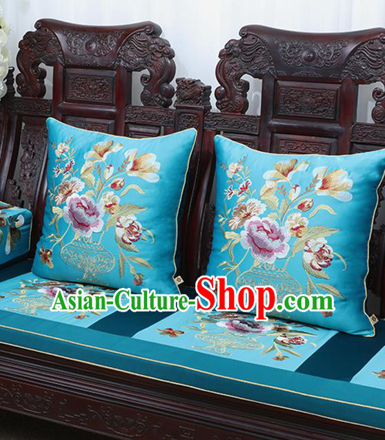 Chinese Traditional Embroidered Peony Blue Brocade Back Cushion Cover Classical Household Ornament