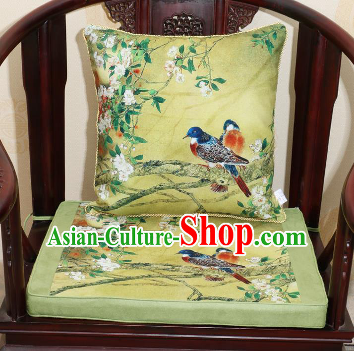 Chinese Classical Household Ornament Traditional Flowers Birds Pattern Green Brocade Cushion Cover and Armchair Mat Cover
