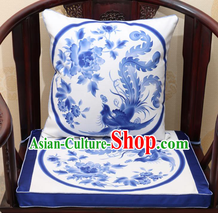 Chinese Classical Household Ornament Traditional Phoenix Peony Pattern White Brocade Cushion Cover and Armchair Mat Cover