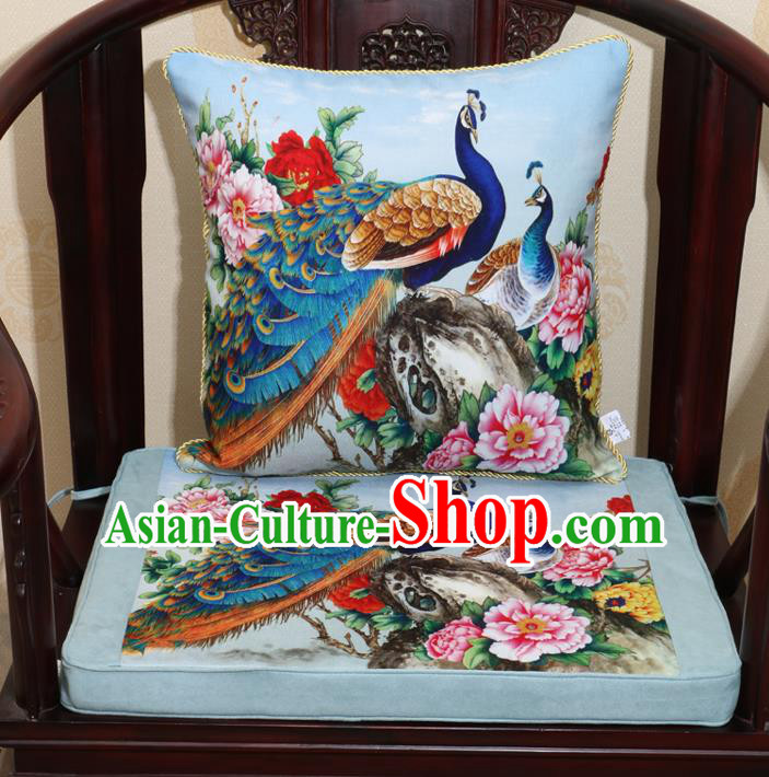 Chinese Classical Household Ornament Traditional Peacock Peony Pattern Blue Brocade Cushion Cover and Armchair Mat Cover