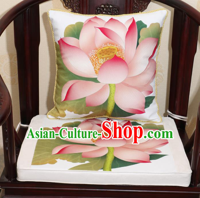 Chinese Classical Household Ornament Traditional Lotus Pattern White Brocade Cushion Cover and Armchair Mat Cover