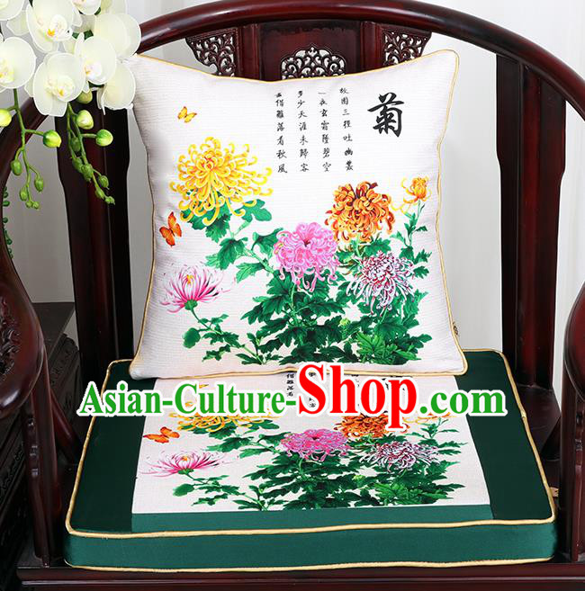 Chinese Classical Household Ornament Traditional Chrysanthemum Pattern White Brocade Cushion Cover and Armchair Mat Cover