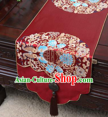 Chinese Traditional Fishes Pattern Wine Red Brocade Table Cloth Classical Household Ornament Table Flag