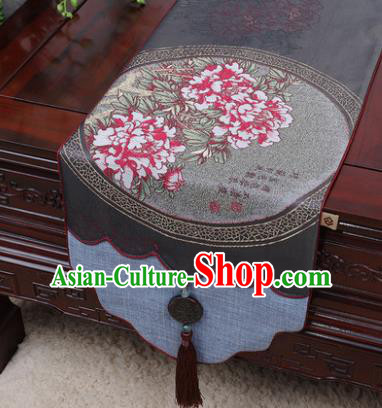 Chinese Traditional Peony Pattern Grey Brocade Table Cloth Classical Household Ornament Table Flag