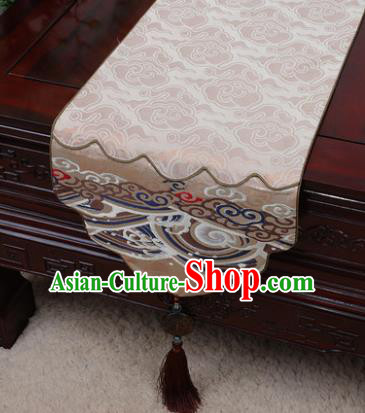 Chinese Traditional Wave Pattern Khaki Brocade Table Cloth Classical Household Ornament Table Flag