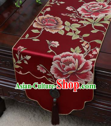 Chinese Traditional Peony Pattern Wine Red Brocade Table Cloth Classical Household Ornament Table Flag