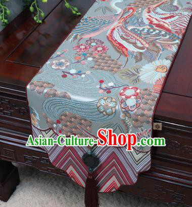 Chinese Traditional Cranes Pattern Blue Brocade Table Cloth Classical Household Ornament Table Flag