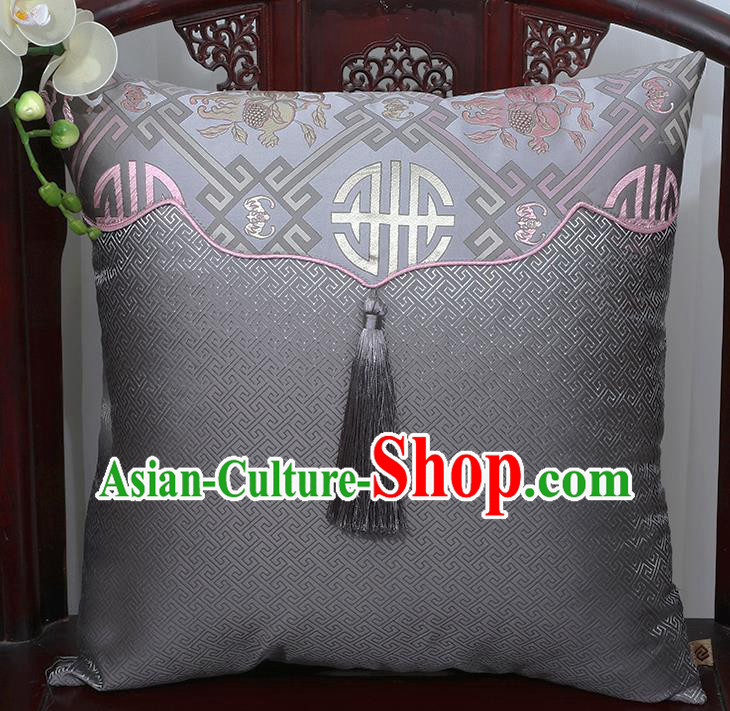 Chinese Traditional Pattern Grey Brocade Tassel Back Cushion Cover Classical Household Ornament