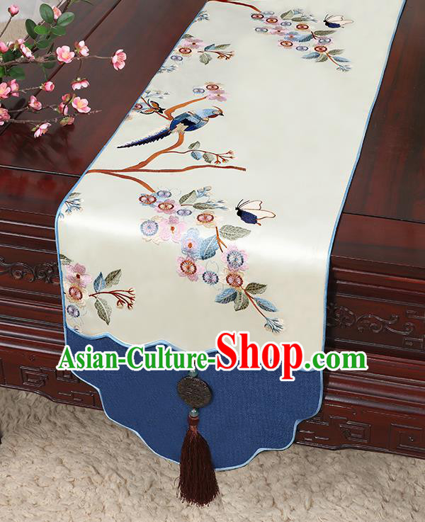 Chinese Classical Household Ornament Jade Pendant Bird Pattern Brocade Table Flag Traditional Handmade Table Cover Cloth