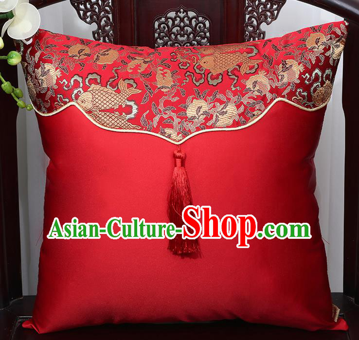 Chinese Traditional Fishes Pattern Red Brocade Back Cushion Cover Classical Household Ornament