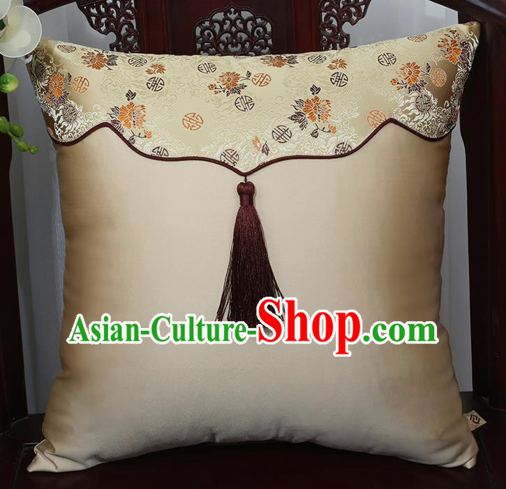 Chinese Traditional Chrysanthemum Pattern Brocade Tassel Back Cushion Cover Classical Household Ornament