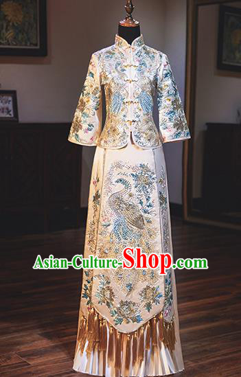 Chinese Traditional Wedding Costumes Bride Toast White Xiuhe Suits Ancient Embroidered Full Dress for Women