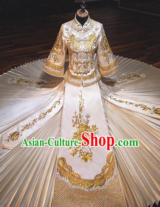 Chinese Traditional Wedding Costumes Bride Toast White Xiuhe Suits Ancient Embroidered Peony Full Dress for Women
