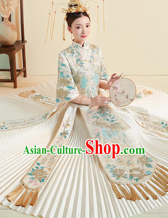 Chinese Traditional Wedding Costumes White Xiuhe Suits Ancient Embroidered Bride Toast Full Dress for Women