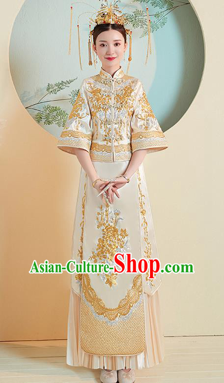 Chinese Traditional Wedding Costumes Golden Xiuhe Suits Ancient Embroidered Bride Toast Full Dress for Women