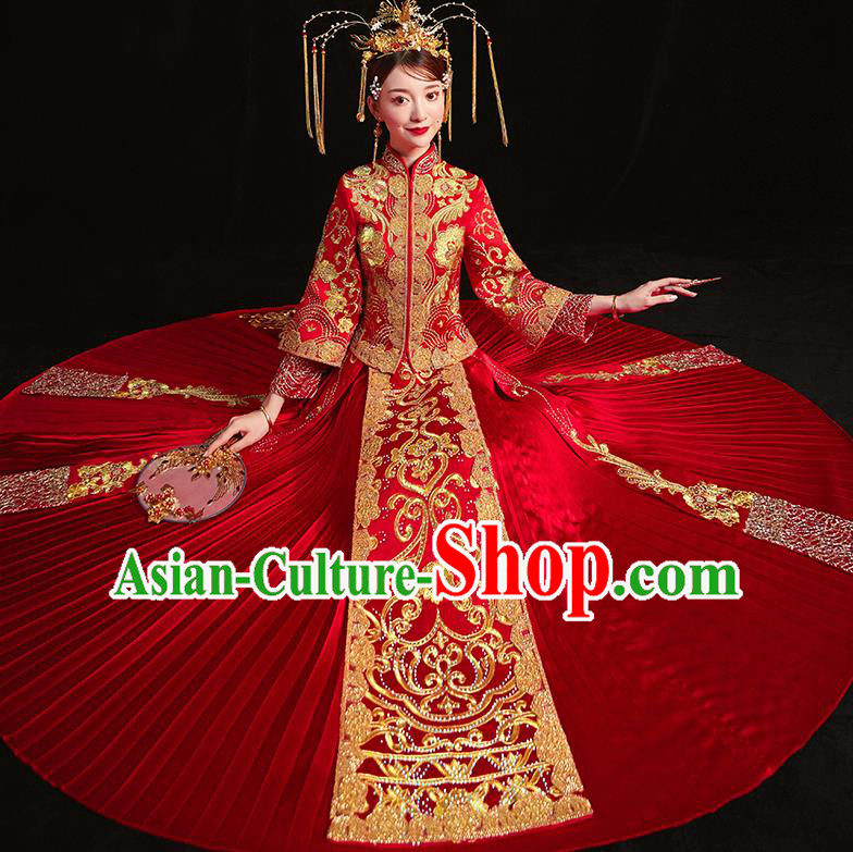 Chinese Traditional Wedding Costumes Embroidered Red Xiuhe Suits Ancient Bride Toast Full Dress for Women