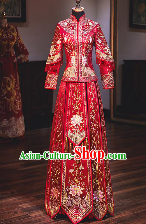 Chinese Traditional Wedding Costumes Embroidered Peony Red Xiuhe Suits Ancient Bride Toast Full Dress for Women