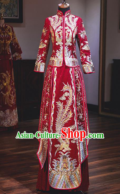 Chinese Traditional Wedding Costumes Embroidered Phoenix Red Xiuhe Suits Ancient Bride Toast Full Dress for Women