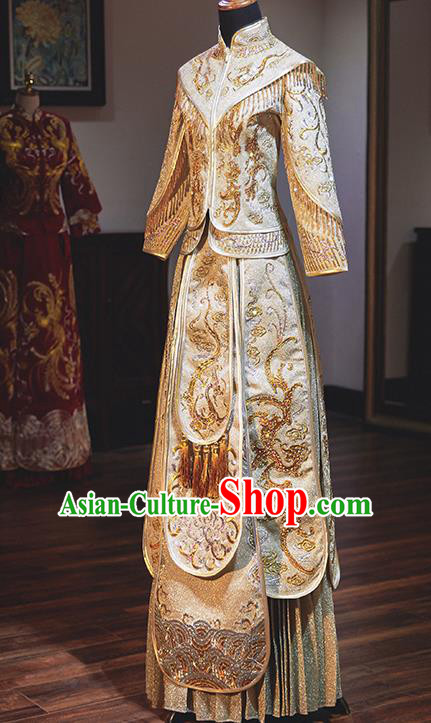 Chinese Traditional Wedding Costumes Embroidered Phoenix Golden Xiuhe Suits Ancient Bride Toast Full Dress for Women