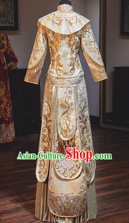 Chinese Traditional Wedding Costumes Embroidered Phoenix Golden Xiuhe Suits Ancient Bride Toast Full Dress for Women