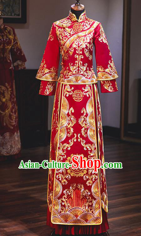 Chinese Traditional Embroidered Phoenix Red Xiuhe Suits Ancient Bride Toast Wedding Costumes for Women