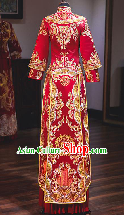 Chinese Traditional Embroidered Phoenix Red Xiuhe Suits Ancient Bride Toast Wedding Costumes for Women