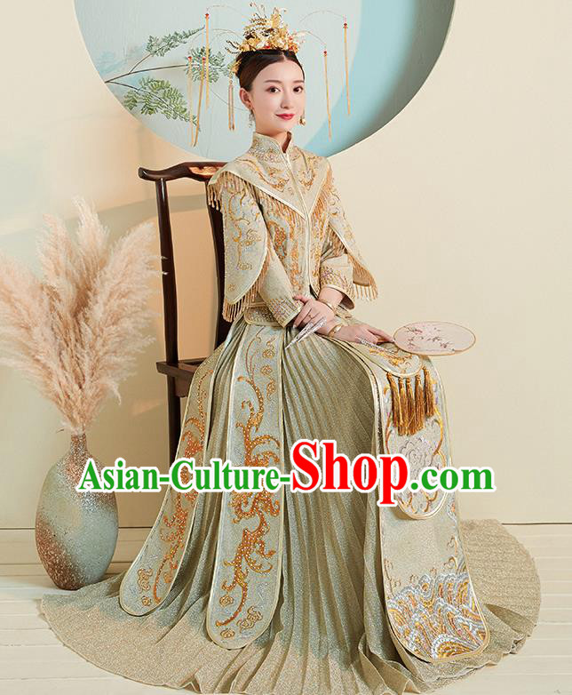 Chinese Traditional Embroidered Green Xiuhe Suits Ancient Bride Toast Wedding Costumes for Women