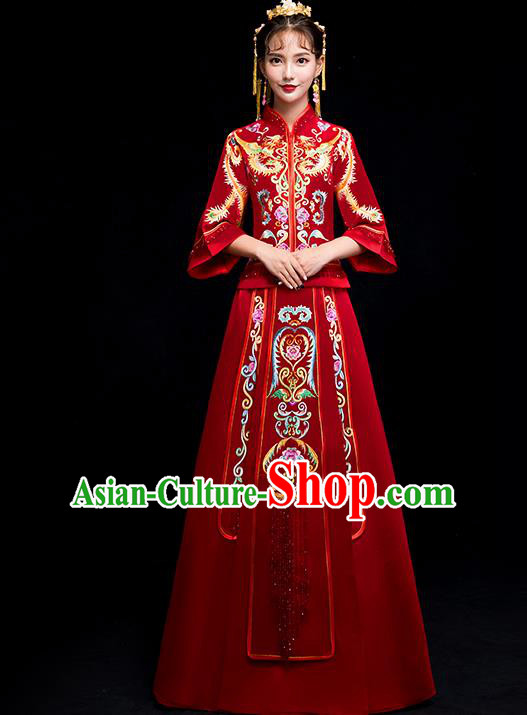 Chinese Traditional Bride Toast Embroidered Red Xiuhe Suits Ancient Wedding Costumes for Women