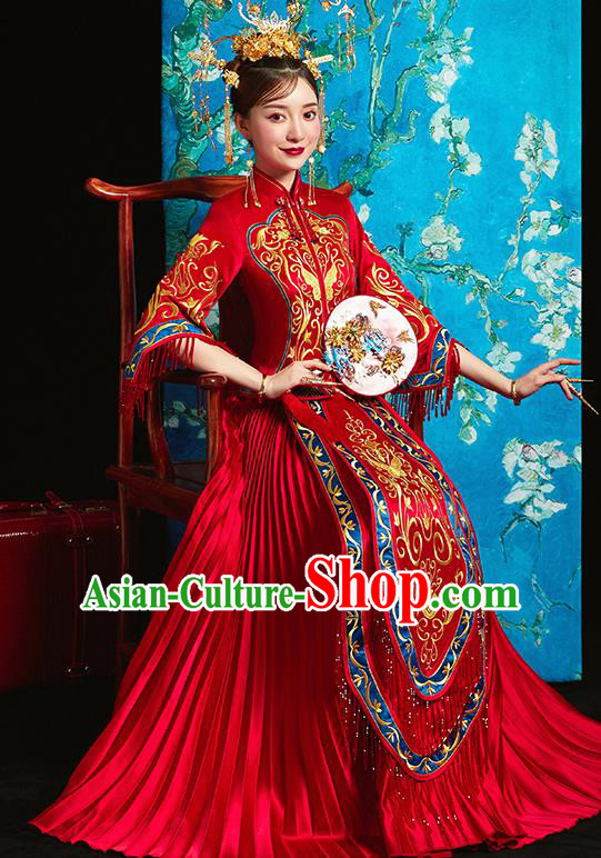 Chinese Traditional Bride Toast Embroidered Butterfly Red Xiuhe Suits Ancient Wedding Costumes for Women