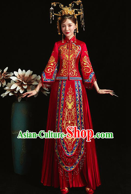 Chinese Traditional Bride Toast Embroidered Butterfly Red Xiuhe Suits Ancient Wedding Costumes for Women