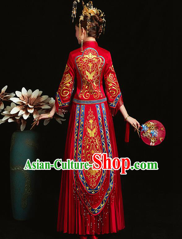 Chinese Traditional Bride Toast Embroidered Butterfly Red Xiuhe Suits Ancient Wedding Costumes for Women