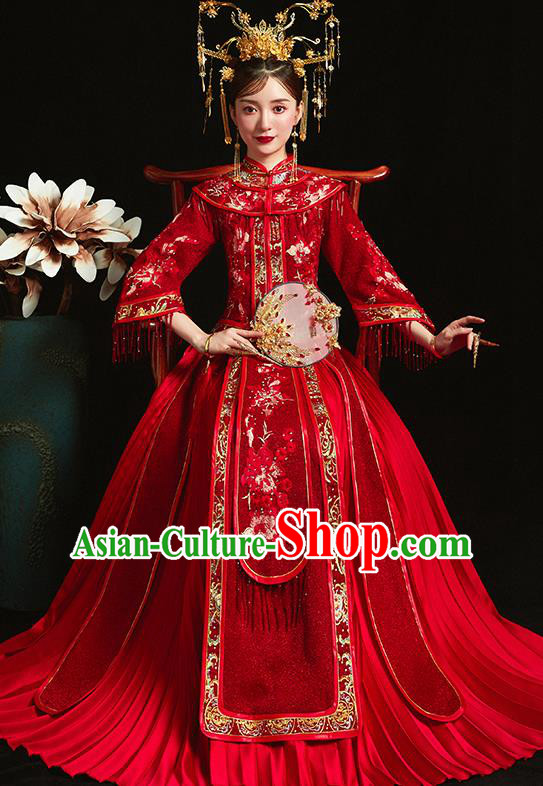 Chinese Traditional Bride Toast Embroidered Peony Red Xiuhe Suits Ancient Wedding Costumes for Women