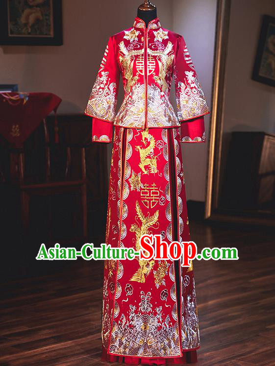 Chinese Traditional Bride Xiuhe Suits Ancient Handmade Embroidered Red Wedding Costumes for Women