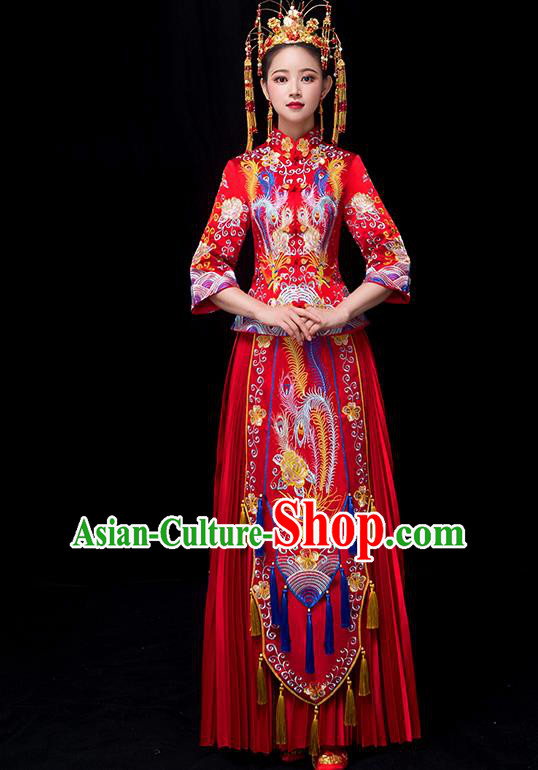 Chinese Traditional Bride Xiuhe Suits Ancient Handmade Embroidered Phoenix Red Wedding Costumes for Women