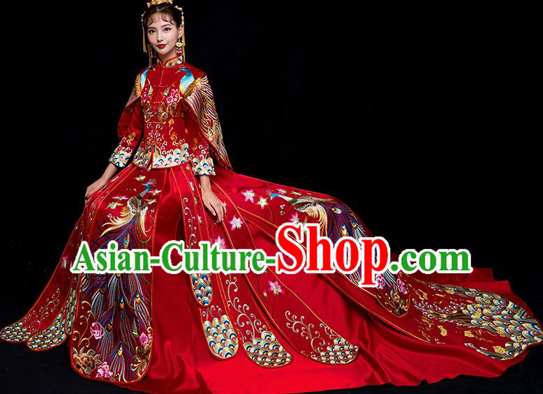 Chinese Traditional Bride Trailing Xiuhe Suits Ancient Handmade Embroidered Phoenix Red Wedding Costumes for Women