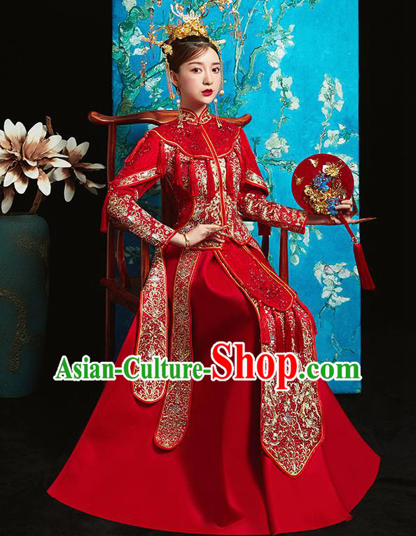 Chinese Traditional Bride Toast Embroidered Diamante Red Xiuhe Suits Ancient Wedding Costumes for Women