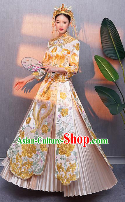 Chinese Traditional Bride Xiuhe Suits Ancient Handmade Embroidered Golden Peony Wedding Costumes for Women