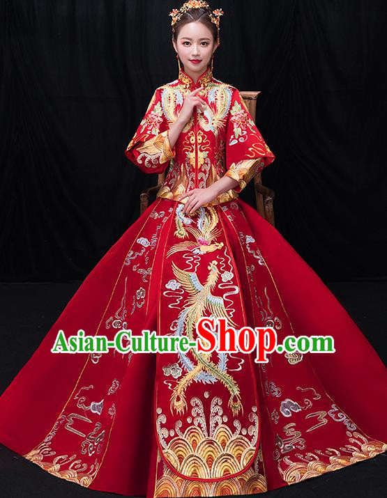 Chinese Traditional Bride Toast Embroidered Phoenix Red Xiuhe Suits Ancient Wedding Costumes for Women