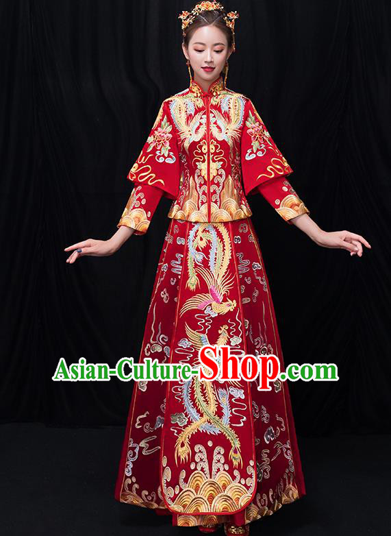 Chinese Traditional Bride Toast Embroidered Phoenix Red Xiuhe Suits Ancient Wedding Costumes for Women